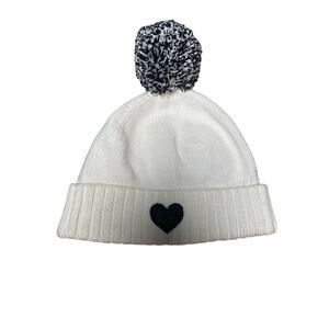 White Beanie with Salt and Pepper Pom Pom and Cute Black Heart
